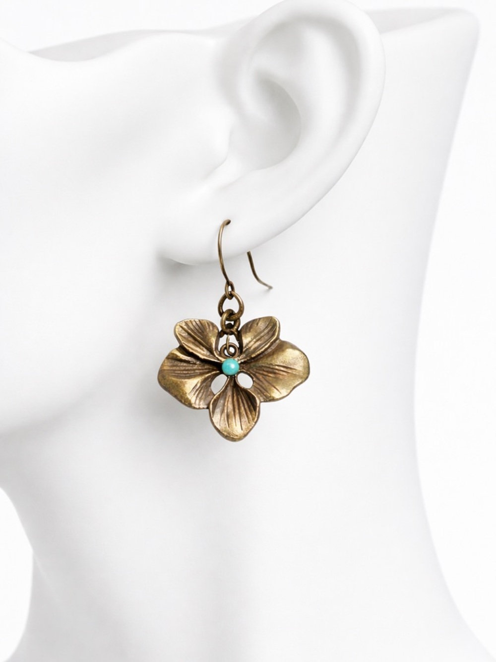 Turquoise Boho Brass Flower Earrings Antique Bronze Floral Dangle Vintage Style - Picture 4 of 7